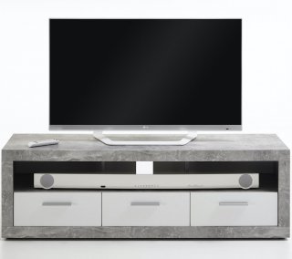 Meuble TV TOULON coloris gris béton et blanc brillant 3 tiroirs 1 plateau 